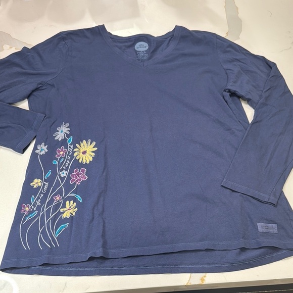 Life Is Good Blue Long Sleeve Tee with Floral Design - Picture 1 of 5